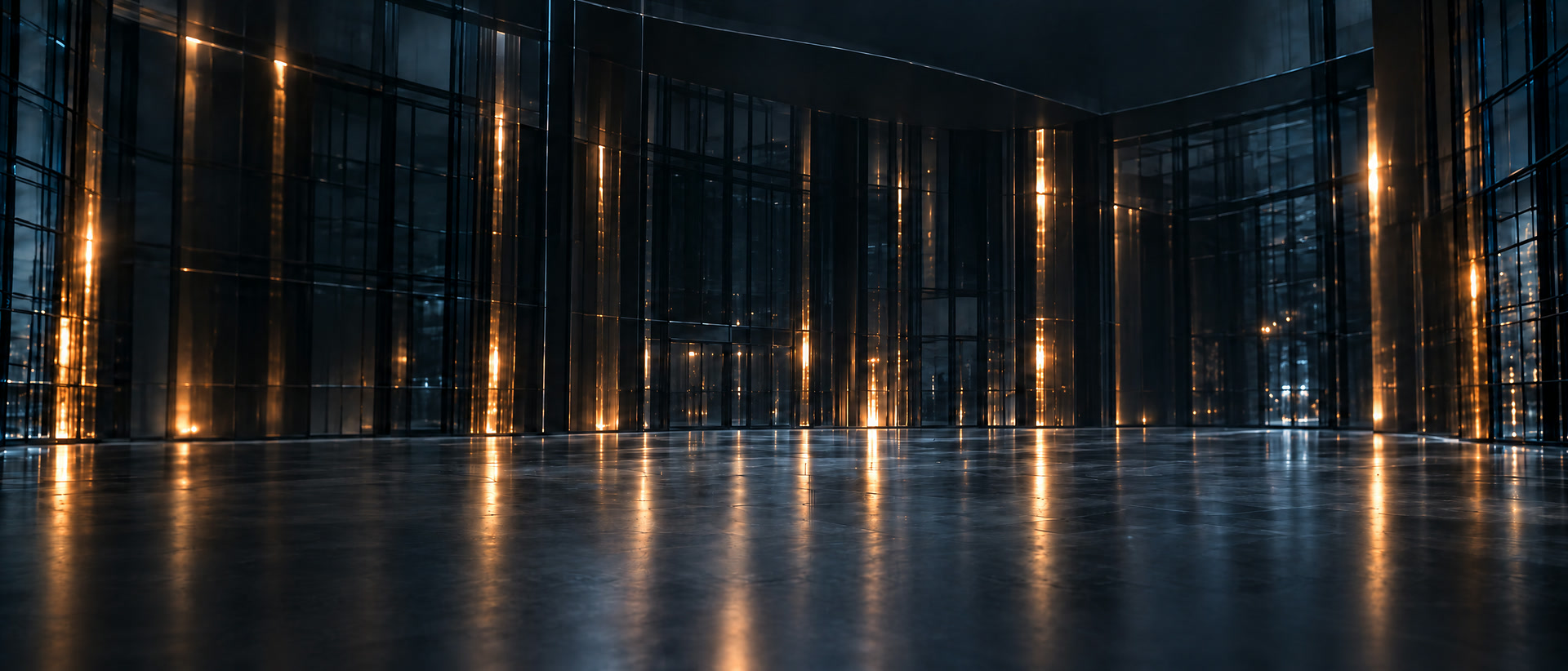 An empty dark hall of glass and warm light, where an installation of glass, a curved screen and a silver bust takes form