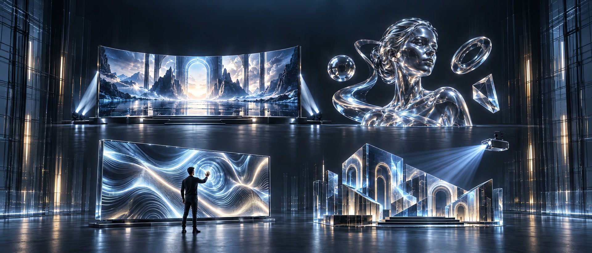 Four installations in a dark hall: a curved screen, a glass bust with floating shapes, a wall of light a man is touching, and a model city under a projector
