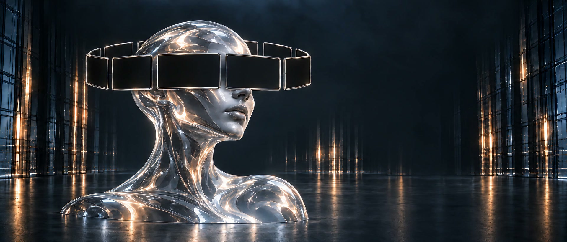 A bust of silver glass wears a ring of ten black screens around its head