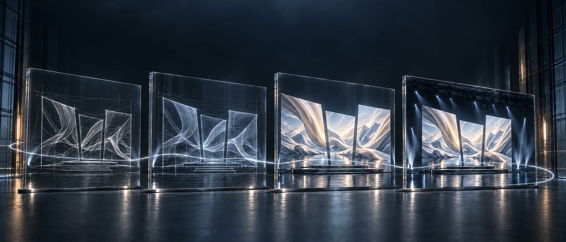 Four glass panels show a stage design growing from a sketch into a lit show